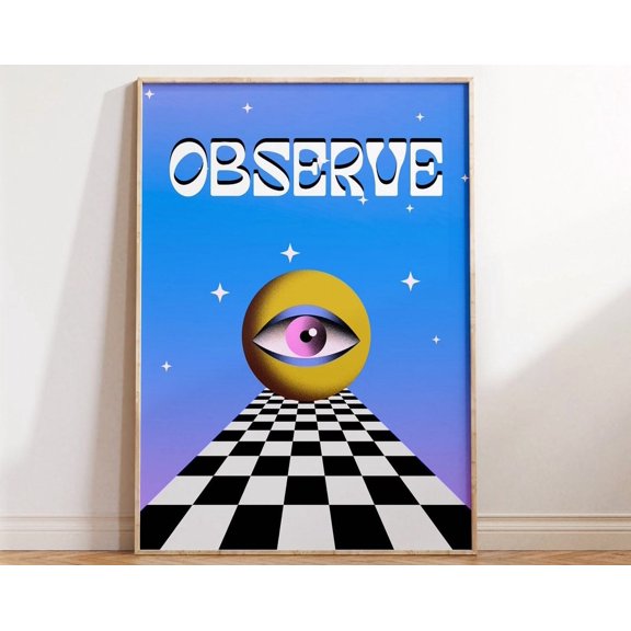 Observe Eye Trippy Print - Checkerboard 90S Poster All Seeing Eye Surrealism Retro Hippie Mystical Insight Watching Eye Maximalist Wall Art