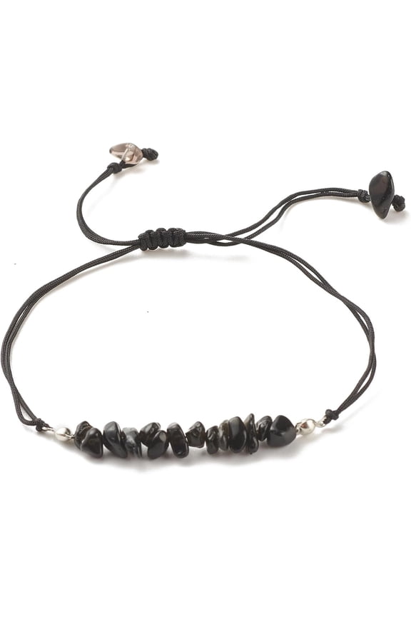 Obsidian 1Pc 3.5Inch Natural Obsidian Chips Beaded Bracelets Stone Beaded String Elastic Bracelet Jewelry Gifts Adjustable Handmade Dainty Chain Rope Link Paperclip Obsidian