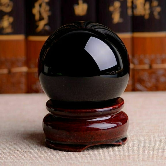 Obsidian Crystal Ball Black Stone Sphere Feng Shui Energy Decoration 7 Centimeter Diameter with Base for Home or Office
