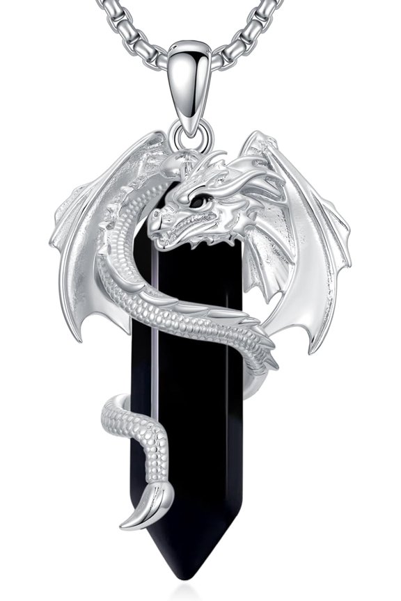 Obsidian Dragon Necklace for Men Women 925 Sterling Silver Black Healing Crystal Dragon Pendant Necklace Amulet Spiritual Protection Jewelry Gift