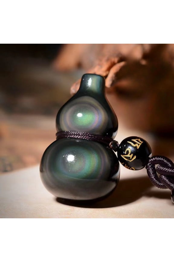 Obsidian Gourd Pendant Rainbow Eye Amulet Necklace Feng Shui Protection Charm Unisex