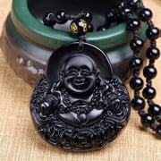 Obsidian Laughing Buddha Pendant Zodiac Money Buddha Necklace Amulet Talisman for Wealth Protection Jewelry for Men Women