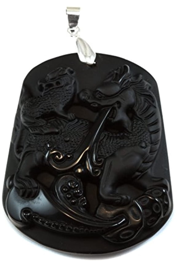 Obsidian Pendant Large Silvertone Necklace Bail Carved Fired Dragon Face 2 Inches Long Designed for Adult Women