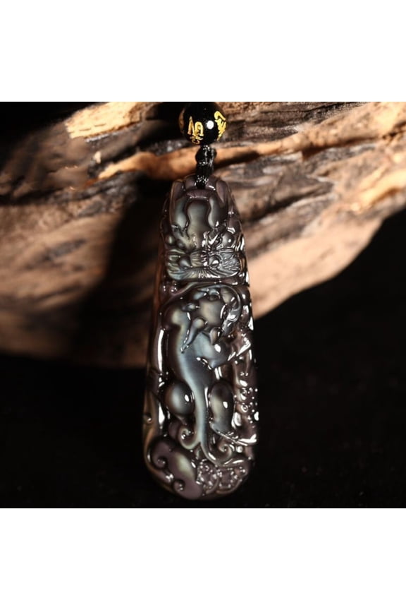 Obsidian Pixiu Pendant Necklace Dragon Column Amulet Feng Shui Protection Jewelry for Men Daily Wear
