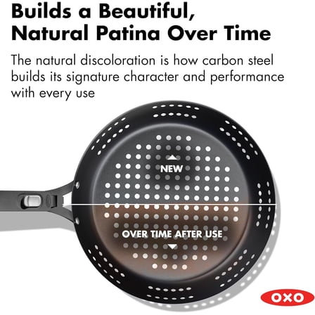 Obsidian Pre-Seasoned Carbon Steel 12" Frying Pan Skillet with Holes for Grilling, Induction, Oven Safe, Black