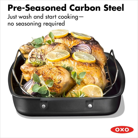Obsidian Pre-Seasoned Carbon Steel Roasting Pan with Stainless Steel Rack, Induction Compatible, Black