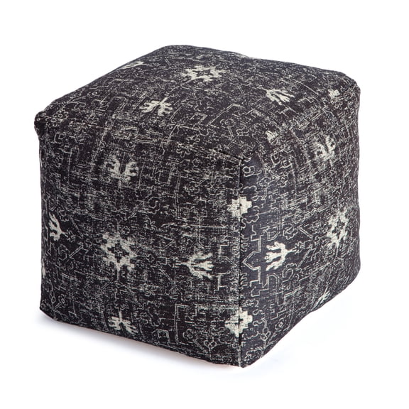 Obsidian Souk Cube Pouf Ottoman with Distressed Tribal Pattern, Decorative