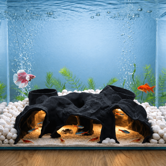 Obsidian Stone 3-Piece Aquarium Tunnel Cave Decor Set for Small Fish, Shrimp, and Fry