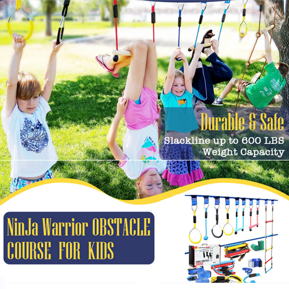 Obstacle Course for Kids, Gentle Booms Backyard Outdoor Playground Sets for Kids Ninja Warrior Obstacle Course Slackline with Climbing Rope Ladder Swing