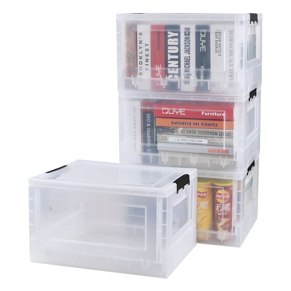 Obstnny 30 Liter Collapaible Storage Bins with Lids, 4 Pack Clear Plastic Storage Crate Boxes