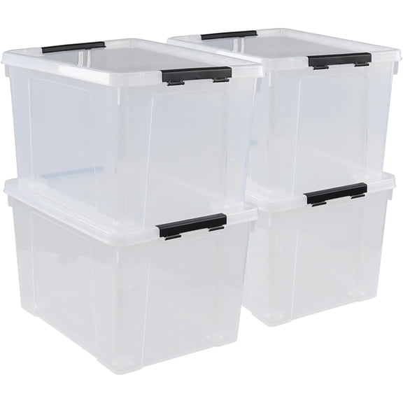 Obstnny 50 Quart Clear Latching Container Bin, 4 Pack Plastic Storage Bin with Wheels