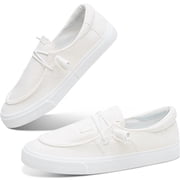 Obtaom Light Weight Canvas Loafers Women Boat shoes Slip on Loafers Comfortable Lace up Canvas Fishion SneakersWhite,US10