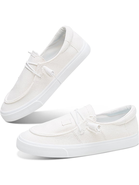 Light Weight Canvas Loafers Women Boat shoes Slip on Loafers Comfortable Lace up Canvas Fishion Sneakers(White,US11)