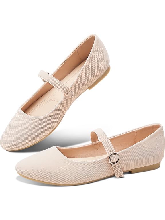 Mary Jane Flat Shoes Round Toe Ballet Flats for Women Dressy Fabric Business Flats Comfortable Classic Strap Flats for Office(Beige,US6)