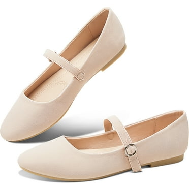 Obtaom Mary Jane Flat Shoes Round Toe Ballet Flats for Women Dressy Fabric Business Flats Comfortable Classic Strap Flats for Office(Beige,US7)