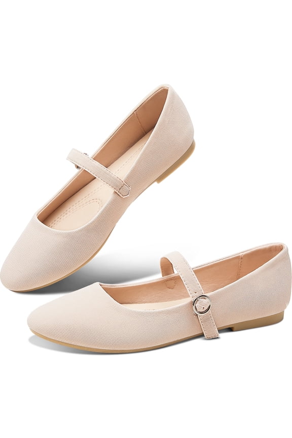 Mary Jane Flat Shoes Round Toe Ballet Flats for Women Dressy Fabric Business Flats Comfortable Classic Strap Flats for Office(Beige,US9)