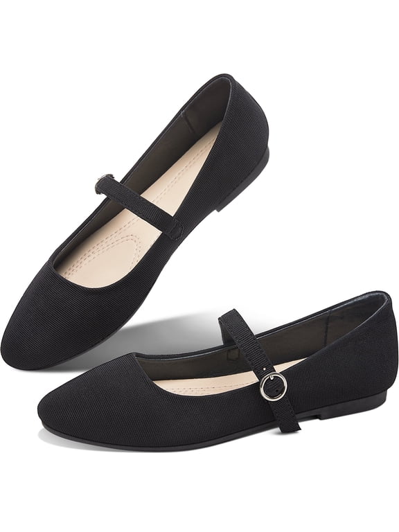 Mary Jane Flat Shoes Round Toe Ballet Flats for Women Dressy Fabric Business Flats Comfortable Classic Strap Flats for Office(Black,US8)