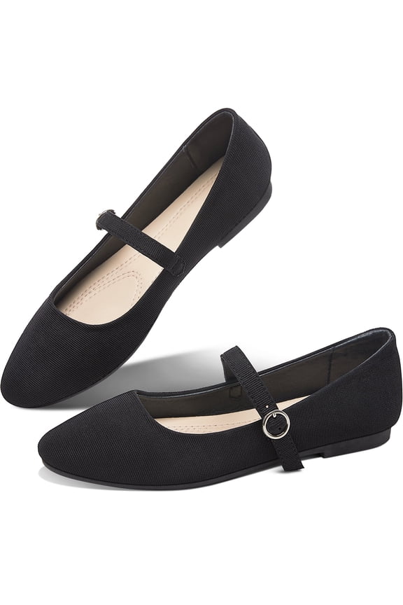 Mary Jane Flat Shoes Round Toe Ballet Flats for Women Dressy Fabric Business Flats Comfortable Classic Strap Flats for Office(Black,US9)