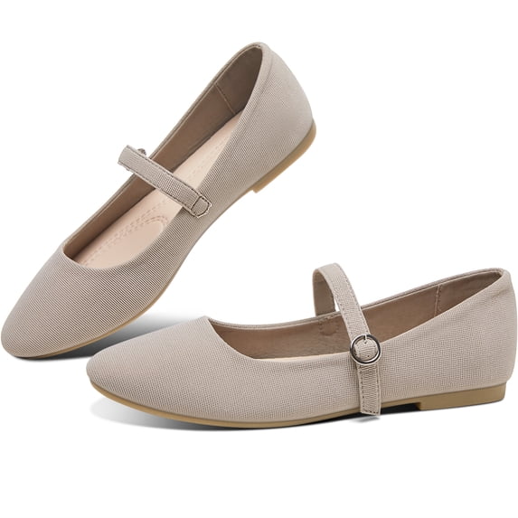 Obtaom Mary Jane Flat Shoes Round Toe Ballet Flats for Women Dressy Fabric Business Flats Comfortable Classic Strap Flats for Office(Khaki,US7)