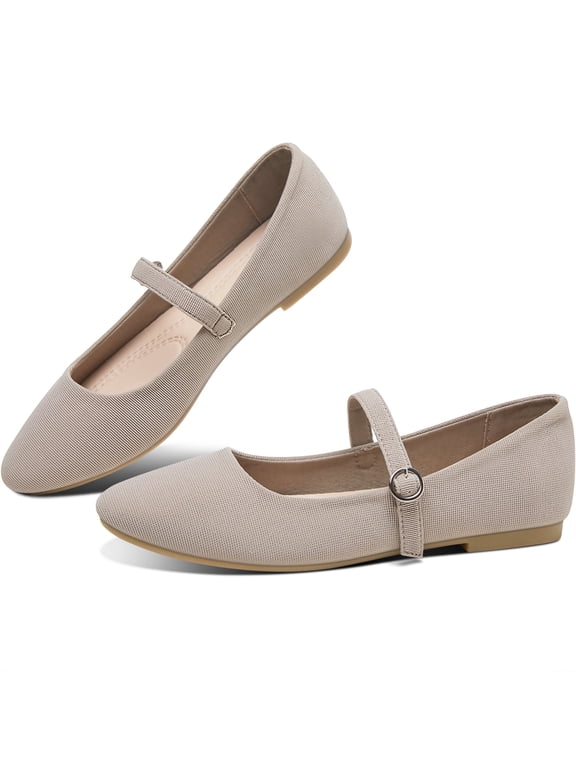 Mary Jane Flat Shoes Round Toe Ballet Flats for Women Dressy Fabric Business Flats Comfortable Classic Strap Flats for Office(Khaki,US9)