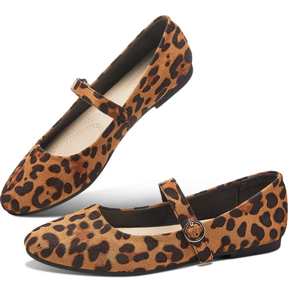 Mary Jane Flat Shoes Round Toe Ballet Flats for Women Dressy Fabric Business Flats Comfortable Classic Strap Flats for Office(Leopard,US10)