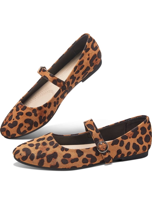 Mary Jane Flat Shoes Round Toe Ballet Flats for Women Dressy Fabric Business Flats Comfortable Classic Strap Flats for Office(Leopard,US9)