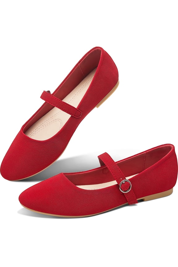 Mary Jane Flat Shoes Round Toe Ballet Flats for Women Dressy Fabric Business Flats Comfortable Classic Strap Flats for Office(Red,US9)