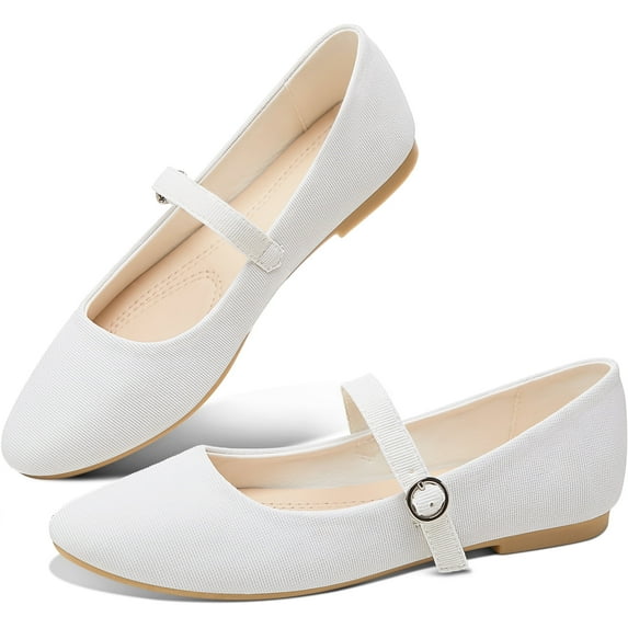 Mary Jane Flat Shoes Round Toe Ballet Flats for Women Dressy Fabric Business Flats Comfortable Classic Strap Flats for Office(White,US6)