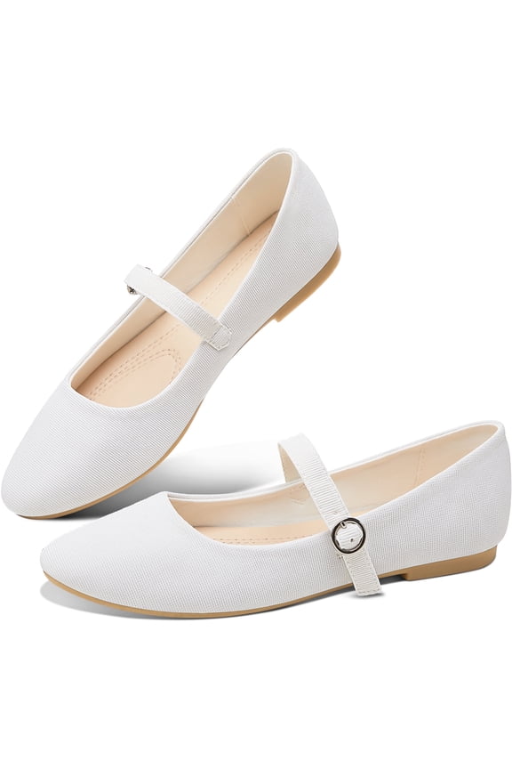 Mary Jane Flat Shoes Round Toe Ballet Flats for Women Dressy Fabric Business Flats Comfortable Classic Strap Flats for Office(White,US7)