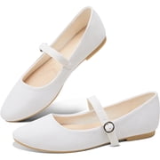 Mary Jane Flat Shoes Round Toe Ballet Flats for Women Dressy Fabric Business Flats Comfortable Classic Strap Flats for OfficeWhite,US9