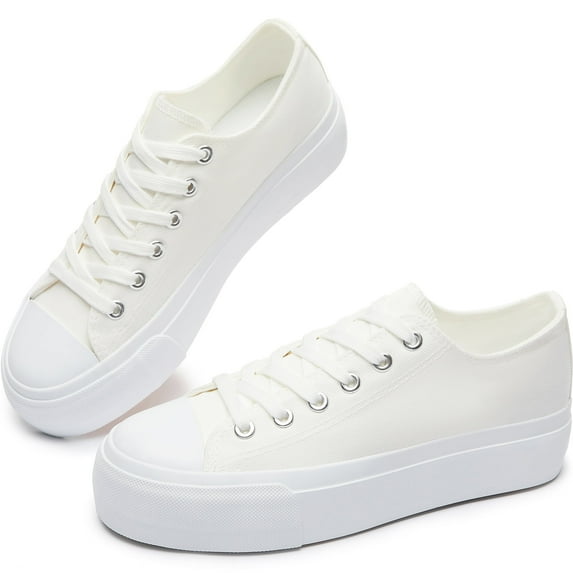 Obtaom Platform Fashion Women’s Low Top Canvas Sneakers,Comfortable Thick Sole Womens Canvas Shoes,Casual Lace Up Women’s Walking Shoes Cute Ladies Low top Canvas shoes(All White, US8)