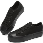 Obtaom Platform Fashion Women s Low Top Canvas Sneakers,Comfortable Thick Sole Womens Canvas Shoes,Casual Lace Up Women s Walking Shoes Cute Ladies Low top Canvas shoes All Black US10