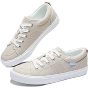 Obtaom Women Canvas Fashion Sneakers Lace up Play Canvas  Shoes Low Top Washed Canvas Flat for Lady Beige,US6