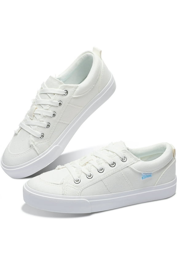  Women Canvas Fashion Sneakers Lace up Play Canvas Shoes Low Top Washed Canvas Flat for Lady(White,US7)