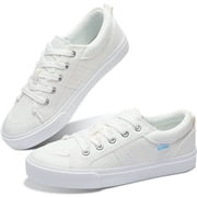 Obtaom Women Canvas Fashion Sneakers Lace up Play Canvas  Shoes Low Top Washed Canvas Flat for Lady White,US9