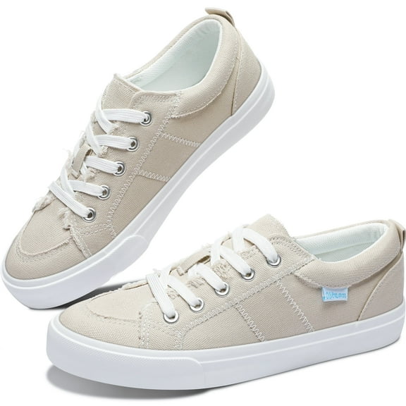 Obtaom Women Canvas Fashion Sneakers Lace up Play Canvas  Shoes Low Top washed Canvas Flat for lady（Beige,US8）