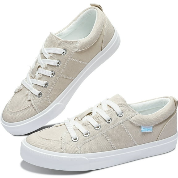 Obtaom Women Canvas Fashion Sneakers Lace up Play Canvas  Shoes Low Top washed Canvas Flat for lady（Beige,US9）