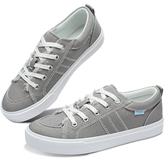 Obtaom Women Canvas Fashion Sneakers Lace up Play Canvas Shoes Low Top washed Canvas Flat for lady(Gray,US11)