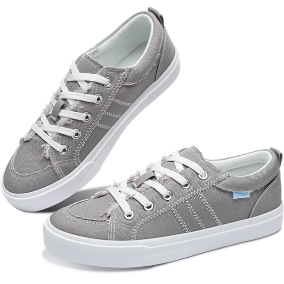 Obtaom Women Canvas Fashion Sneakers Lace up Play Canvas Shoes Low Top washed Canvas Flat for lady(Gray,US8)