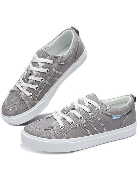 Women Canvas Fashion Sneakers Lace up Play Canvas Shoes Low Top washed Canvas Flat for lady(Gray,US8)