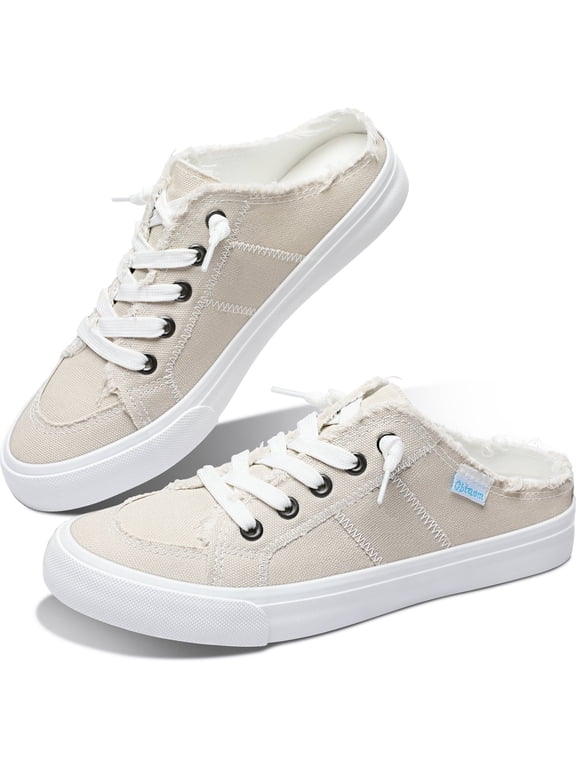 Women Canvas Mules Memory Foam Clipper Fashion Sneakers Comfortable Slip-On Mule Backless Holiday Shoes(Beige US10)