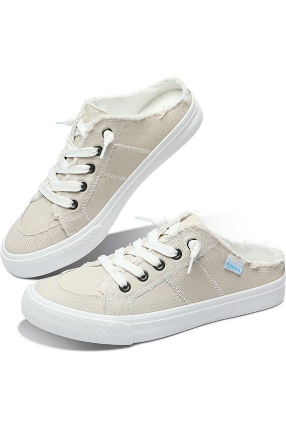 Women Canvas Mules Memory Foam Clipper Fashion Sneakers Comfortable Slip-On Mule Backless Holiday Shoes(Beige US7)