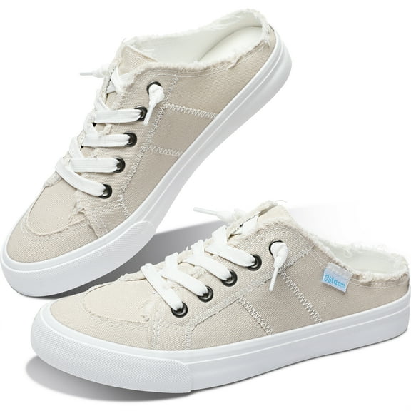 Obtaom Women Canvas Mules Memory Foam Clipper Fashion Sneakers Comfortable Slip-On Mule Backless Holiday Shoes(Beige US9)