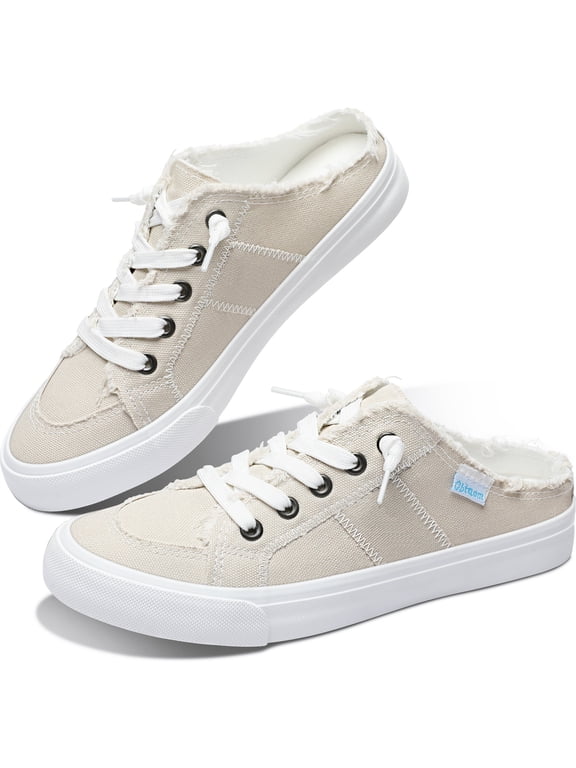 Women Canvas Mules Memory Foam Clipper Fashion Sneakers Comfortable Slip-On Mule Backless Holiday Shoes(Beige US9)