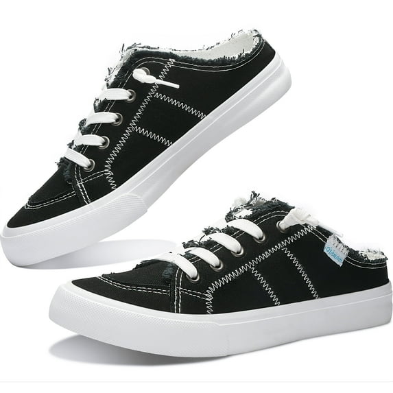 Obtaom Women Canvas Mules Memory Foam Clipper Fashion Sneakers Comfortable Slip-On Mule Backless Holiday Shoes(Black Canvas US6)