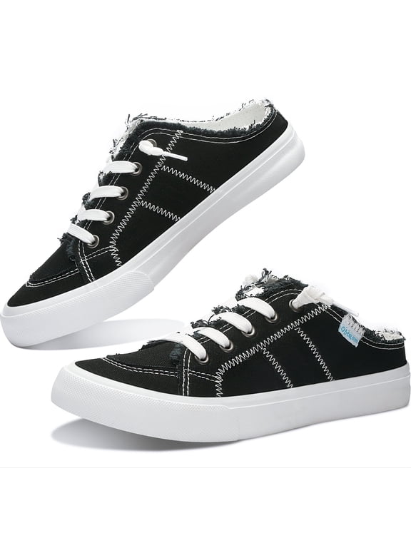 Women Canvas Mules Memory Foam Clipper Fashion Sneakers Comfortable Slip-On Mule Backless Holiday Shoes(Black Canvas US9)