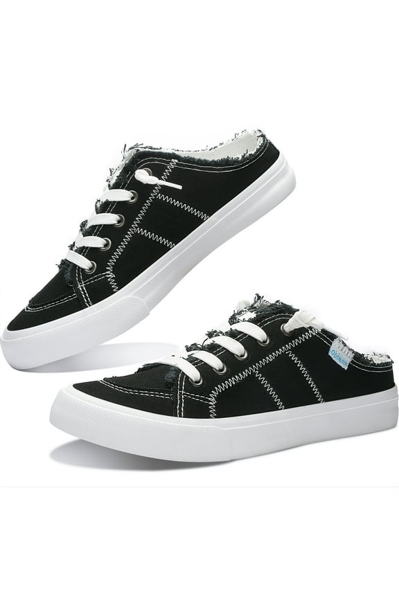 Women Canvas Mules Memory Foam Clipper Fashion Sneakers Comfortable Slip-On Mule Backless Holiday Shoes(Black Canvas US9)