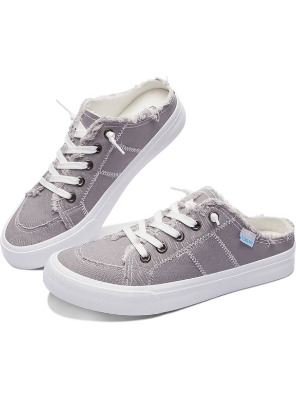 Women Canvas Mules Memory Foam Clipper Fashion Sneakers Comfortable Slip-On Mule Backless Holiday Shoes(Grey US6)