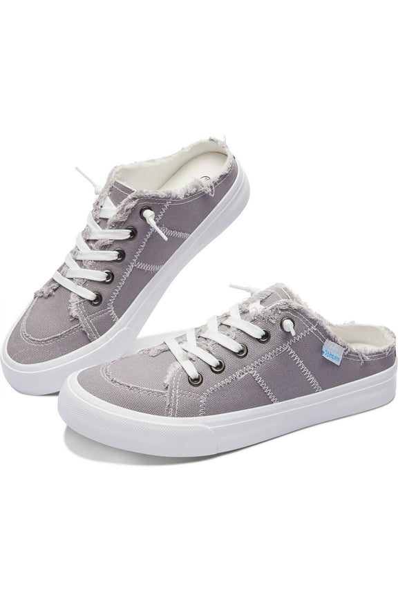 Women Canvas Mules Memory Foam Clipper Fashion Sneakers Comfortable Slip-On Mule Backless Holiday Shoes(Grey US7)
