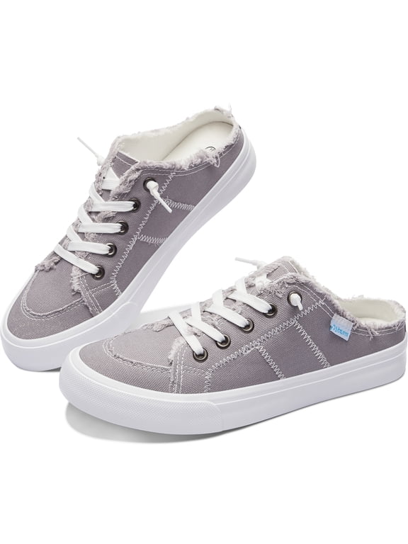 Women Canvas Mules Memory Foam Clipper Fashion Sneakers Comfortable Slip-On Mule Backless Holiday Shoes(Grey US9)